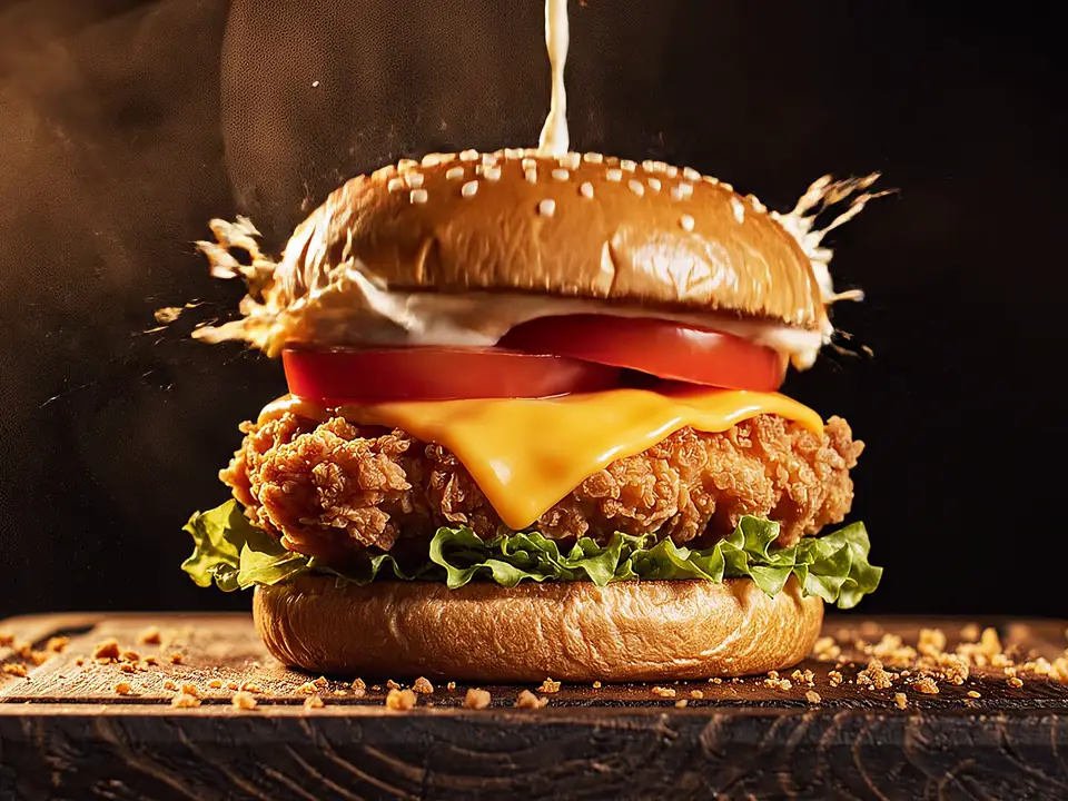 Crispy Burger monté à la commande, sauce blanche qui coule