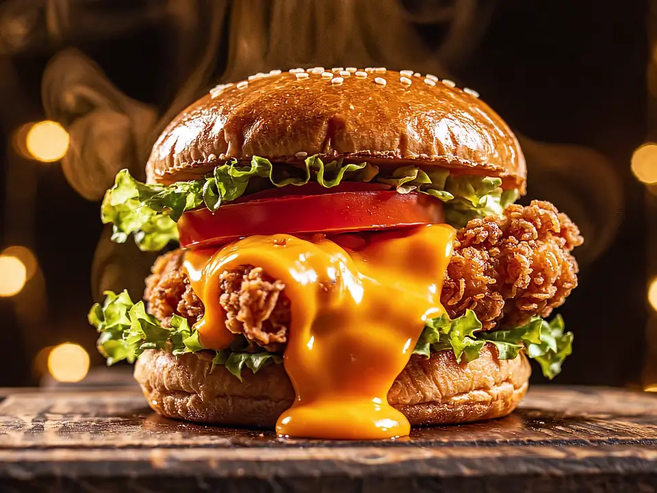 Gros burger au poulet croustillant et cheddar fondu