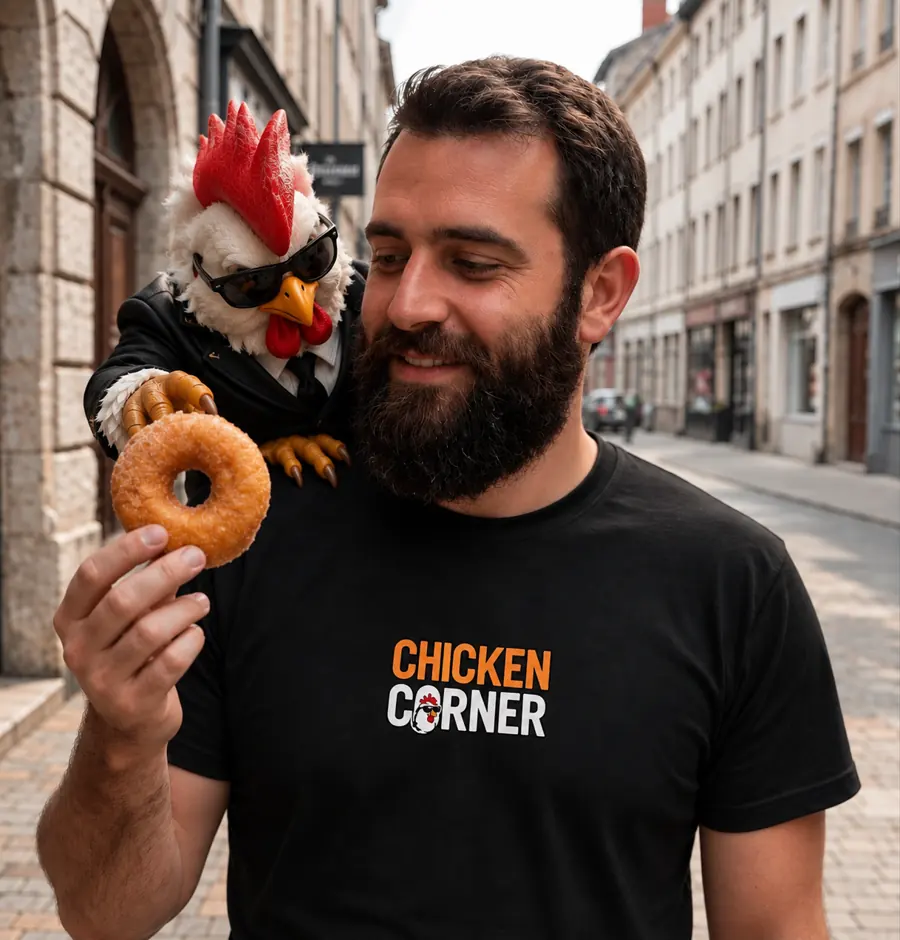 Le gérant de Chicken Corner avec la mascotte sur l'épaule, rue de Villefranche-sur-Saône