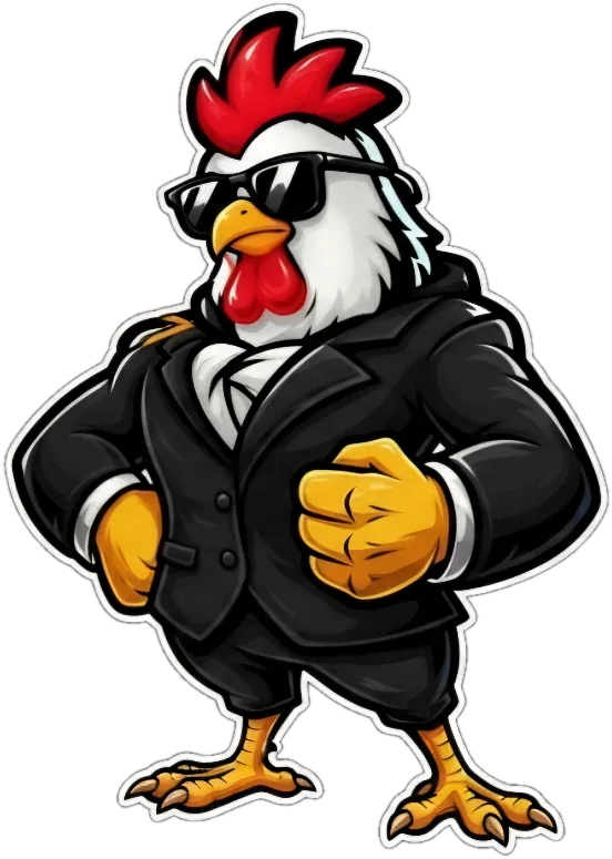 La mascotte de Chicken Corner, un coq en costume et lunettes noires